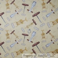 BonEful Fabric Cotton Quilt Tan Gold Silver Cork Screw Wine Grape Merlot L SCRAP