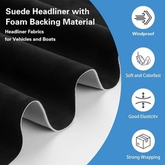118″ L × 59″ W Suede Headliner Fabric, Black Suede Headliner with Foam Backin…