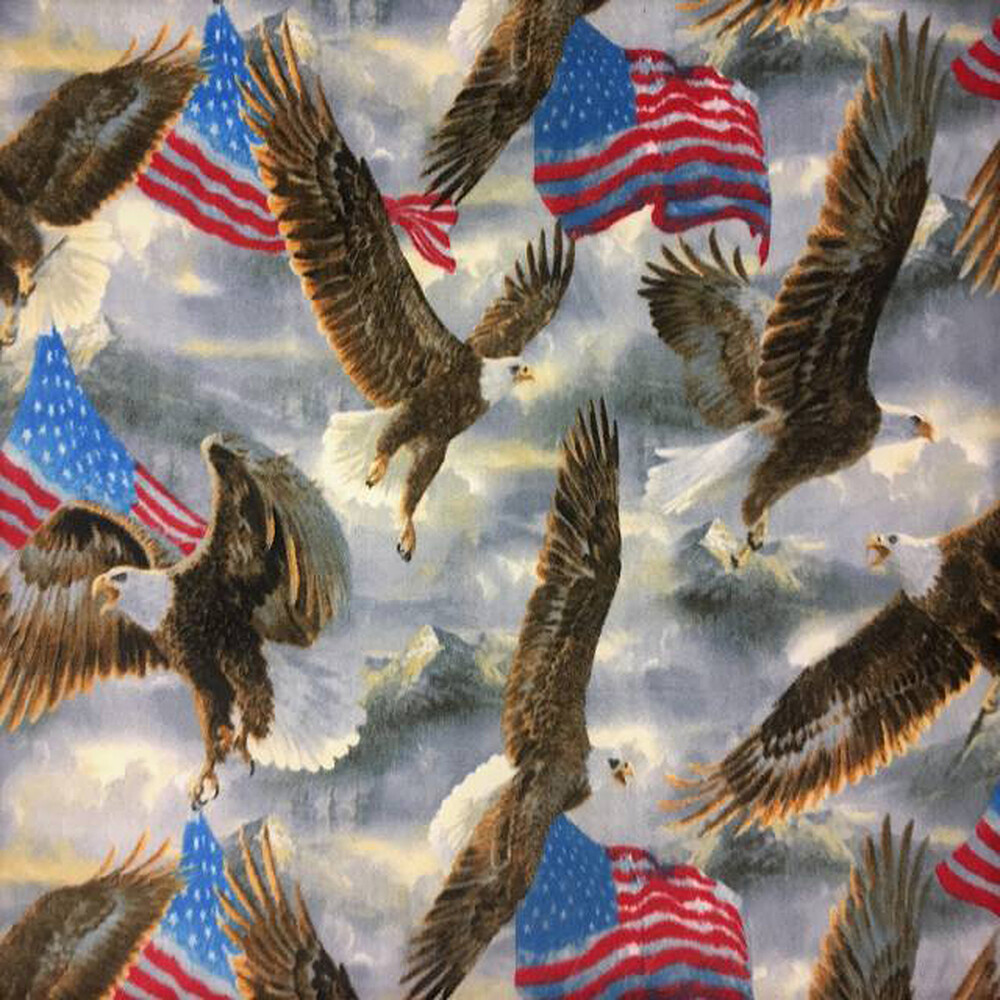 Eagles and USA Flags Print Fleece Fabric – 60″ Wide – Sold by The Yard & Bolt