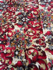 Floral Flourish Bright Red Pink Gray Tan Upholstery Fabric 56×44″ 1.5yd