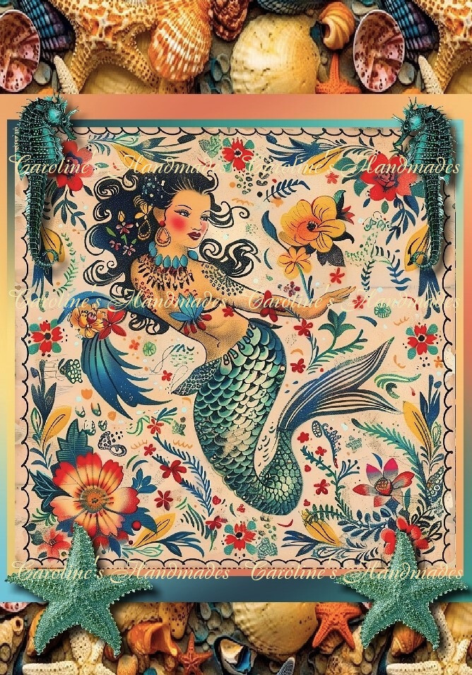 Retro Mermaid B Designer Cotton Fabric Quilt Block Multi-size
