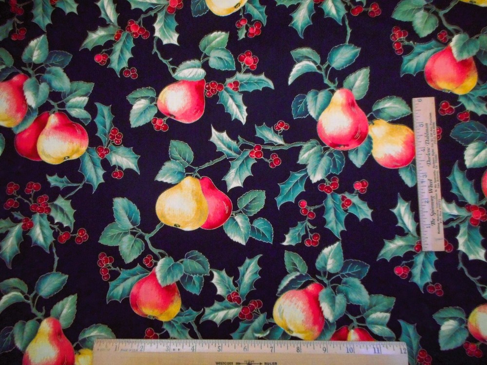 Christmas Fabric By Yard Holly Berries Pears Metallic Gold Black Cotton Vtg 34 C