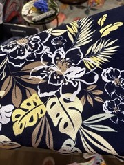 Floral Synthetic Quilting Fabric Black White Tan Yellow Leaves Flowers
