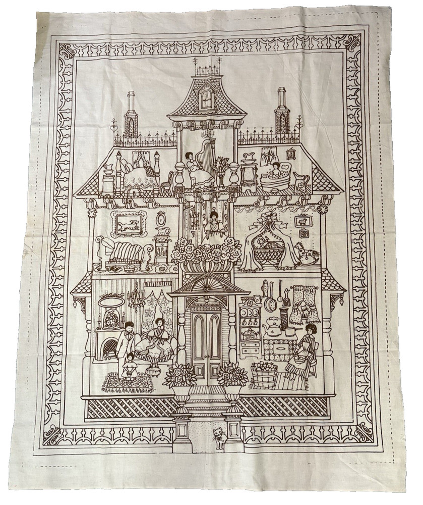 Vtg Rare Victorian House fabric quilt panel