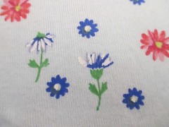 Stretch knit synthetic apparel fabric Red B;ue floral On Light Blue 1yd 22″ x 58