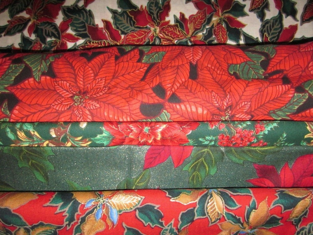 POINSETTIA Christmas FLOWERS holly berries Holiday COTTON FABRIC 1/2 yd BTHY