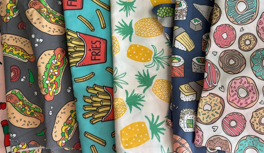 COTTON Lot of Spoonflower fabric remnants FOOD motif donut, sushi, hotdog +