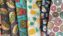 COTTON Lot of Spoonflower fabric remnants FOOD motif donut, sushi, hotdog +