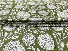5 Yard Hand Block Green Floral Print Fabric Natural Handmade Cotton Indian Craft