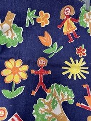1 1/3 yard Vtg Fabric Children Stick People Primary Colors House Tree Flowers