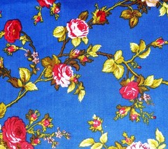 Victorian Red Rose Floral Print Fabric Royal Blue Polycotton 58″ By The Yard
