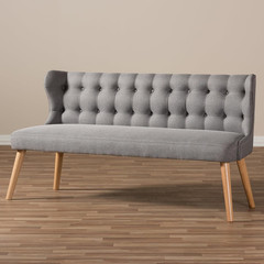 Stylish Grey Fabric & Natural Wood 3-Seater Settee Bench