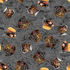 STEAMPUNK ~ TIME TRAVEL ~ Stylized Victorian Top Hats on Gray Background Airship