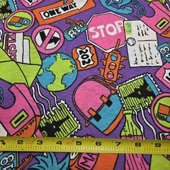 Vintage Unknown Brand Vacation Road Trip Fabric Piece Bright Neon Colors 1980s
