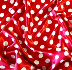 WHITE POLKA DOT ON RED SATIN CHARMEUSE FABRIC 3/4″ DOT 58″ BY THE YARD