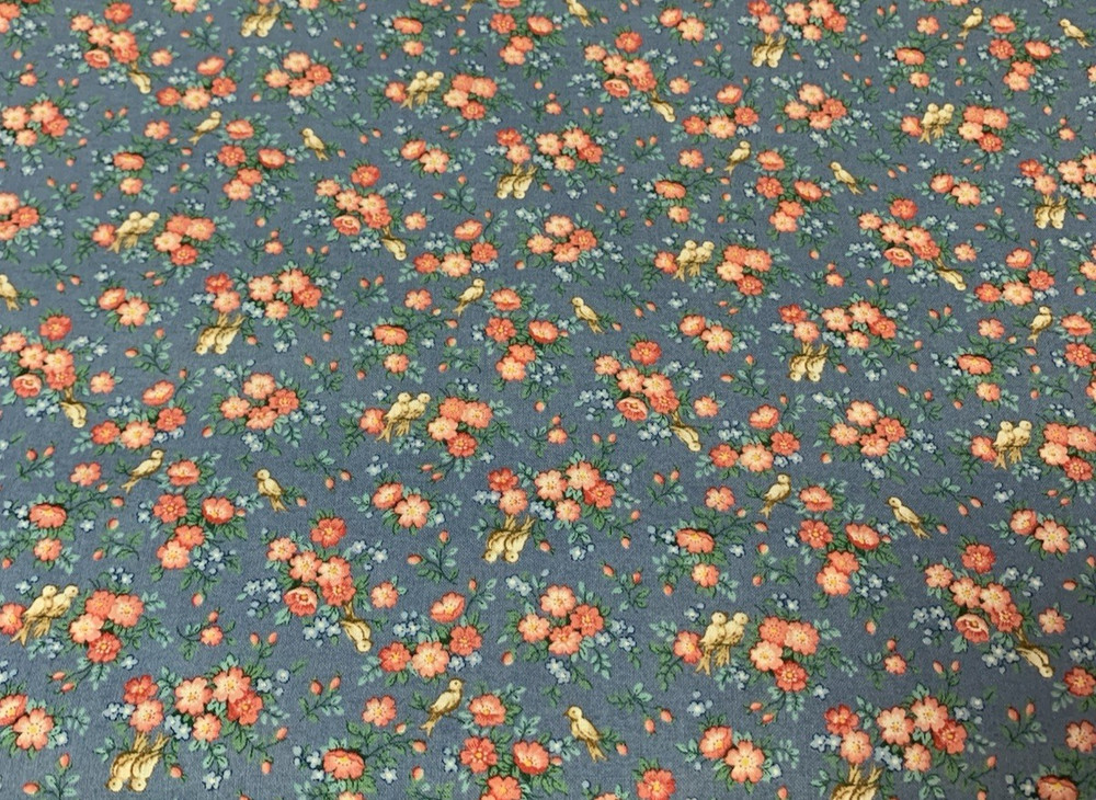 Vtg Allover Floral Print Fabric With Birds Cranston VIP Print Pink Tan Blue BTY