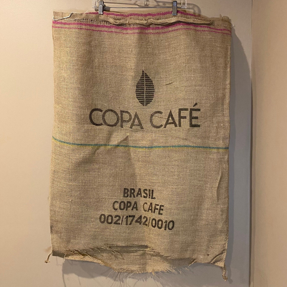 Jute Burlap Coffee Bean Bag Sack Cafes Do Brasil Brazil Vintage Double Sided