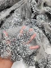 Silver Beaded Lace Fabric By The Yard 3d Floral Rhineston Embroidery Prom Dress