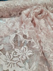 Pink Blush Lace Floral Flowers Guipure Clear Sequin Embroidery Fabric By Yard