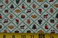 By 1/2 Yd, Vintage, Christmas Theme on Green & White Lattice Quilt Cotton, B1278