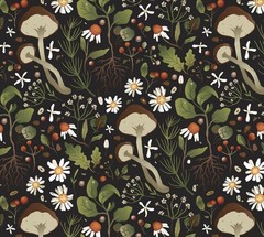By The Yard, Woodland Mushrooms Black ~ $3.99 Ships ANY Amount Of Cotton Fabric