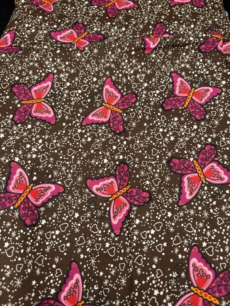 Vtg Pink Butterflies w Brown Hearts Cotton Peace Love General Fabrics 44” x 86”