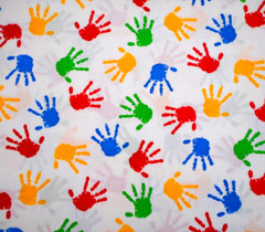 Cotton Fabric 1 3/8 Yard Red Blue Yellow Green Childrens Handprints on White Vtg