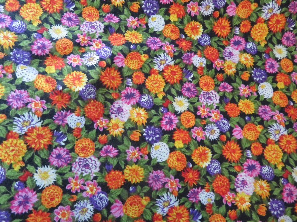 1 And 1/3 Yard Zinna Flowers On Black Background Cotton Fabric 44 Inches Wide