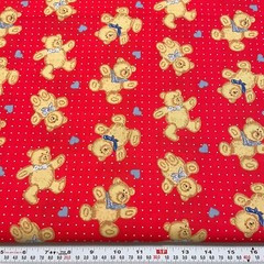 Vintage Bears Hearts & Pin Dots on Red Unbranded Cotton Fabric by the Half Yard