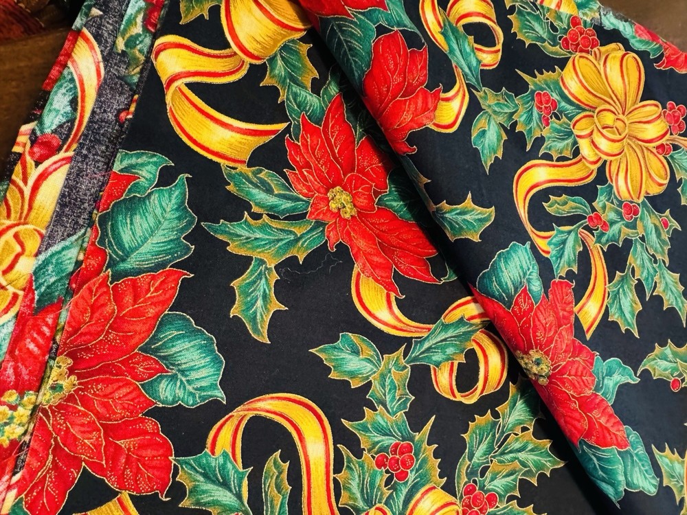Gold Ribbons Red Poinsettias Green Holly on Black Christmas Cotton Fabric 58″W