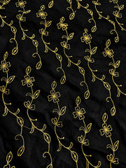 Pure Linen Black Gold Floral Embroidered Fabric Medium Weight 47″ Wide Yard