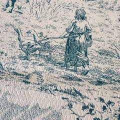 Woven In Time Toile Bark Cloth Fabric Teal Blue Country Side Remnant 24”x44”