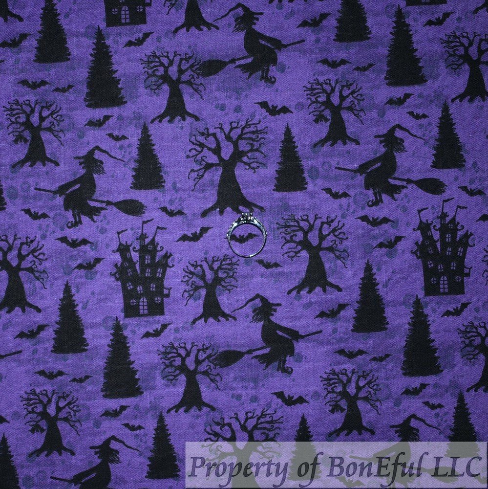 BonEFul Cotton Quilt Purple Black Bat Witch Night Halloween Scenic Tree SCRAP