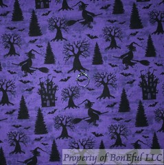 BonEFul Cotton Quilt Purple Black Bat Witch Night Halloween Scenic Tree SCRAP