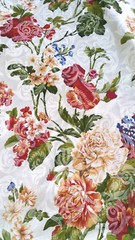 VICTORIAN CHINTZ PRINT FLORAL DAMASK IVORY POLY COTTON FABRIC 60″ By the Yard