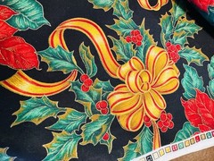 Gold Ribbons Red Poinsettias Green Holly on Black Christmas Cotton Fabric 58″W
