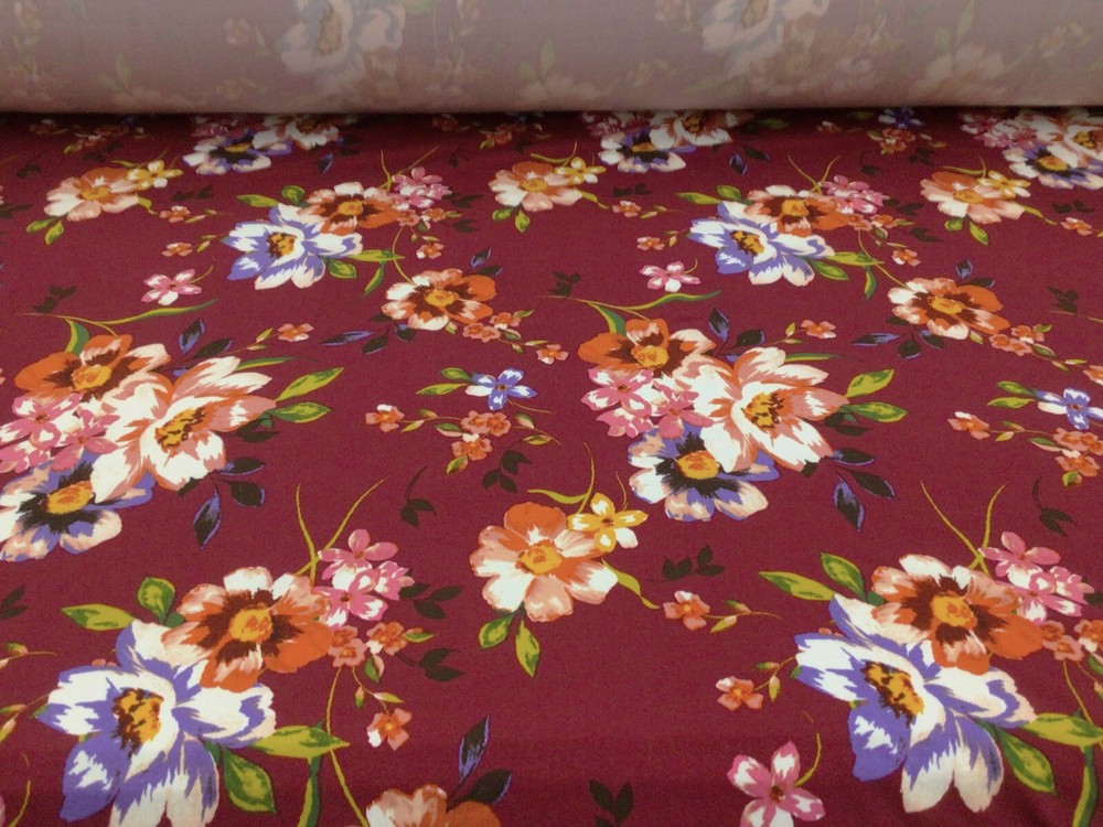 Double Brushed DTY Floral Spandex Stretch Apparel Fabric Burgundy Pink Orange M2
