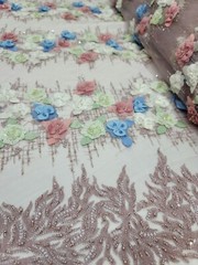 Dusty Rose Beaded Lace 3d Multicolor Floral Fabric Sold by The Yard Quinceañera