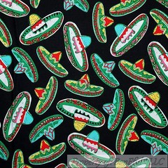 BonEful Fabric FQ Cotton Quilt Black Aqua Blue Red Ethnic Mexican Hat L Sombrero
