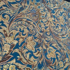 Metallic Copper Gold Peacock Blue Brocade Fabric BTY 57″ W Filigree Leaf Swirl