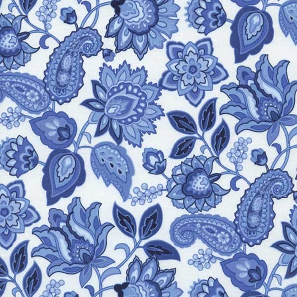 Blue Jacobean Floral Paisley White Cotton Fabric By The Yard CHARLETTO-C9755