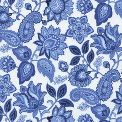 Blue Jacobean Floral Paisley White Cotton Fabric By The Yard CHARLETTO-C9755
