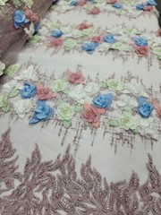 Dusty Rose Beaded Lace 3d Multicolor Floral Fabric Sold by The Yard Quinceañera