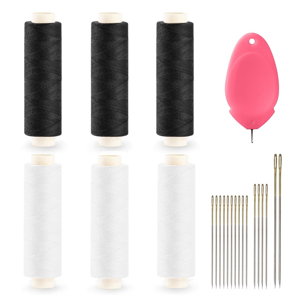 Polyester Sewing Thread Set 6 Spools Black White 400yd Each with Needle Threader