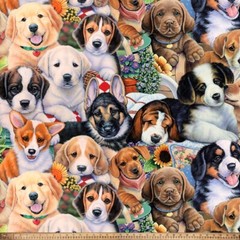 Garden Dog Puppies Print Fleece Fabric – 60″ Wide – Sold by The Yard