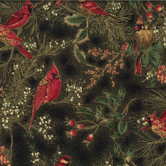 Christmas Classics Fabric | Hoffman Metallic Carinal Birds Berry Black YARD