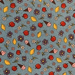 “Village People” Floral Fabric By Fabri-Quilt Apples Lemons Ice Cream Blue BTY