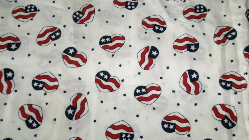 BTHY WHITE W RED WHITE BLUE FLAG HEARTS PATRIOTIC COTTON FABRIC 45″W QUILT