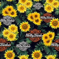 Harley Davidson Custom Logo Sunflowesr Cotton Fabric by the 1/2 Yard, 57-58″ W