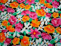Floral Fabric 1 1/3 Yard Pink Yellow Orange Wht Grn on Black 58″ Wd Cotton Vtg C